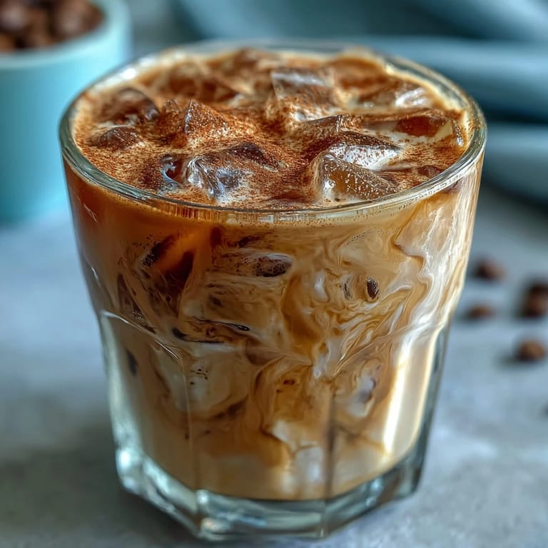 Close-up of Iced Hojicha with Cinnamon, featuring chilled tea, milk swirls, and aromatic ground cinnamon on top.
