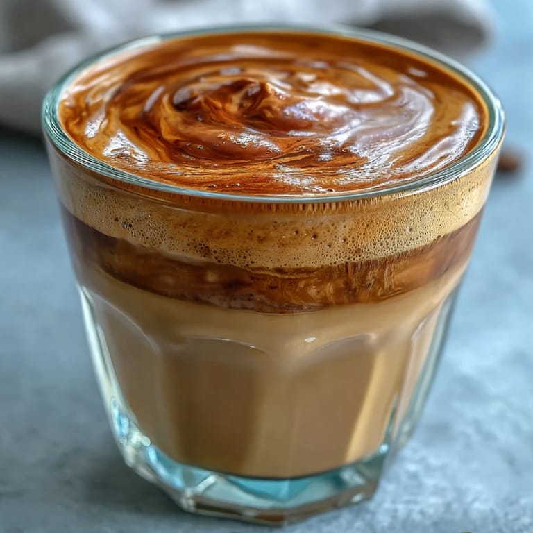 A close-up of creamy Hojicha Cortado with a dusting of roasted tea powder on top. 