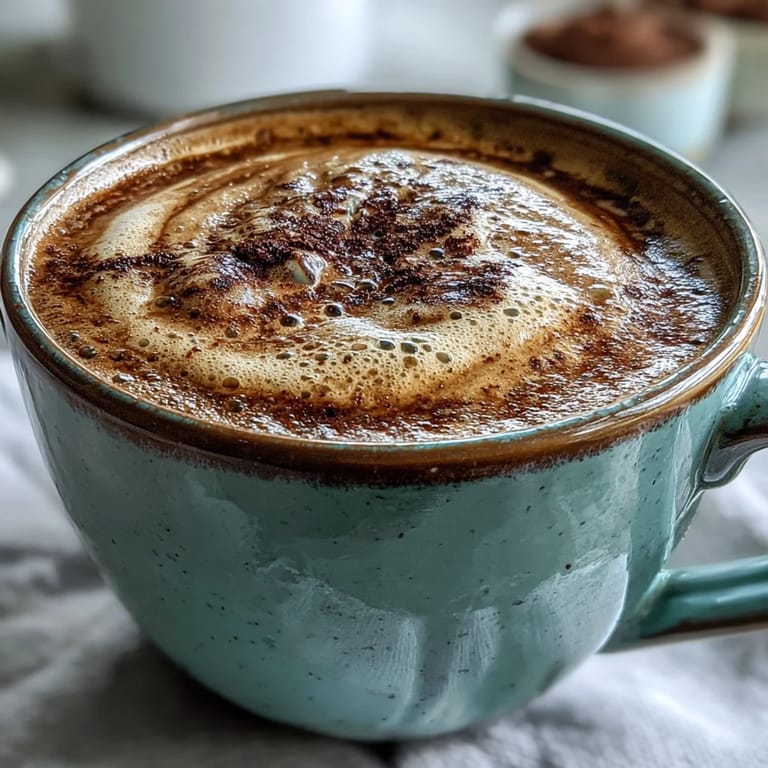 Close-up of a Hojicha Cappuccino, highlighting the deep brown crema and foamy milk swirl over the Japanese roasted tea base.