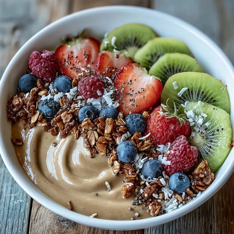 Earthy roasted green tea flavor in a thick, blended Hojicha Smoothie Bowl served with sweet fruit.