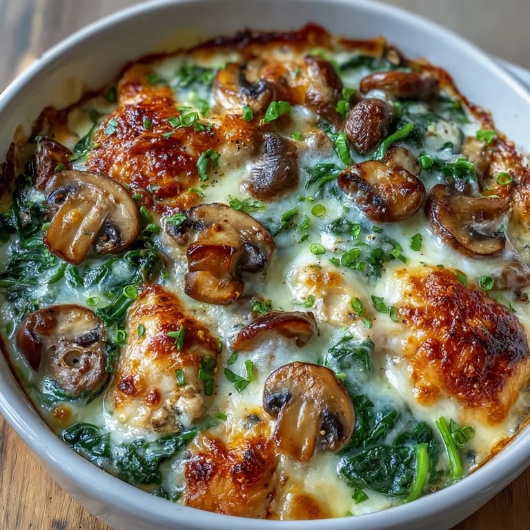 Sliced Chicken Spinach & Mushroom Low Carb Oven Dish served on a white plate, showing tender chicken and melted cheese.