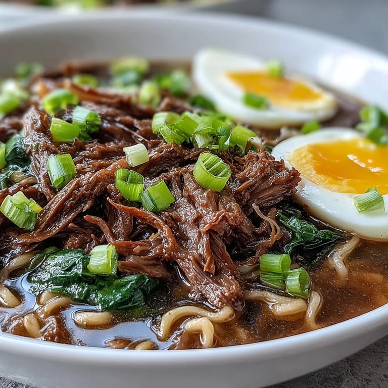 Savory Slow Cooker Beef Ramen Noodles served in a rich broth, topped with soft-boiled eggs and fresh green onions.