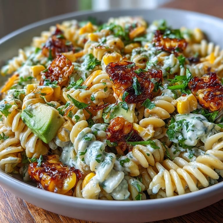 A close-up of Creamy Street Corn Pasta Salad featuring rotini pasta, cotija cheese crumbles, and a rich, creamy dressing for a crowd-pleasing side.