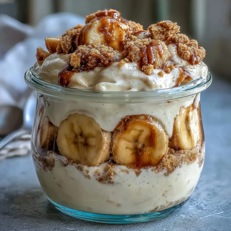 Ready-to-eat Protein Banana Pudding dessert, showcasing a luscious banana and protein custard layered with crunchy sugar-free vanilla wafer crumbs.