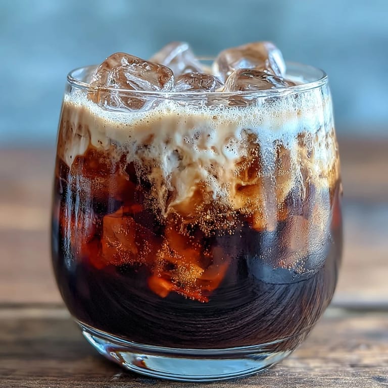 Pouring coconut cream over Midnight Malibu Dirty Soda, showing a marbled texture and swirls of dark blackberry syrup.