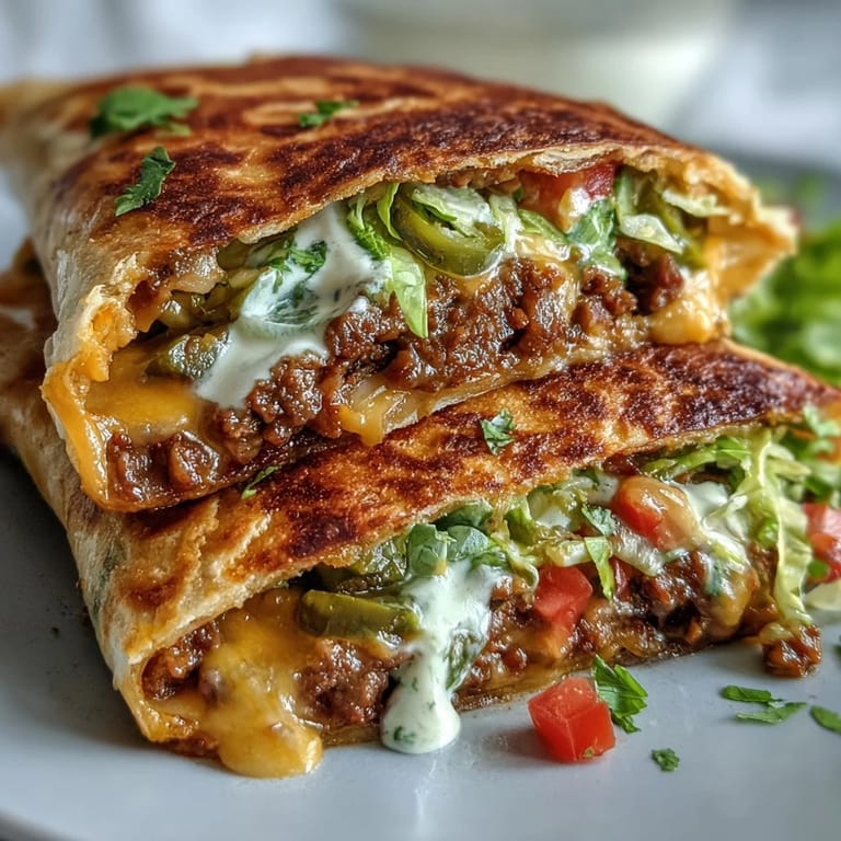 A close-up of crispy low-carb tortillas filled with savory beef, gooey cheese, and vibrant fresh toppings.