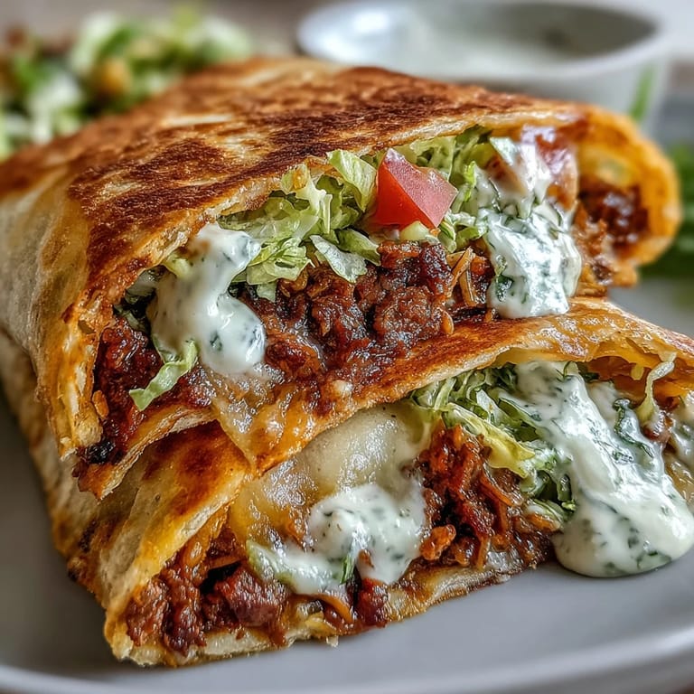Fresh Keto Crunchwraps sliced in half on a plate, showing layers of seasoned beef, creamy sauce, and crisp veggies.