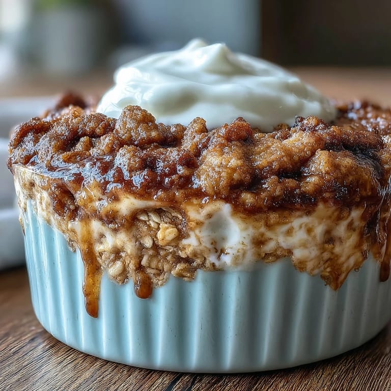 A warm slice of High-Protein Cinnamon Swirl Coffee Cake Oats served with Greek yogurt, perfect for a wholesome breakfast.