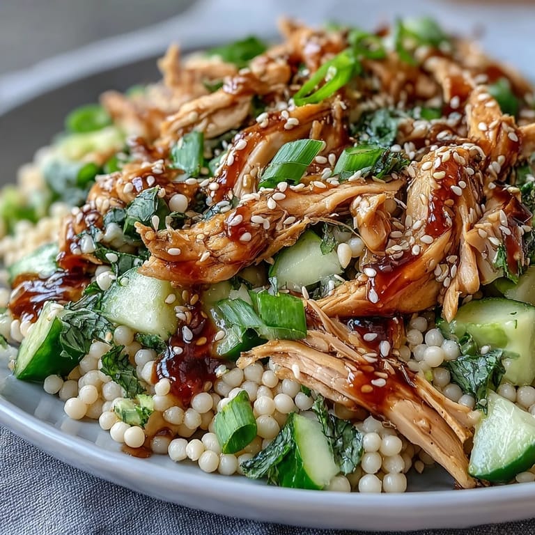 Garnished with fresh cilantro and sliced scallions, this refreshing Asian Sesame Chicken Couscous salad is ready to serve at room temperature for a quick and flavorful lunch.