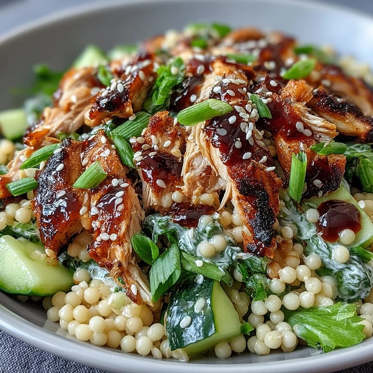 A close-up of the chewy pearl couscous base of the Asian Sesame Chicken Couscous Salad, highlighting the glistening sesame-soy dressing and vibrant mix of chicken and fresh vegetables.