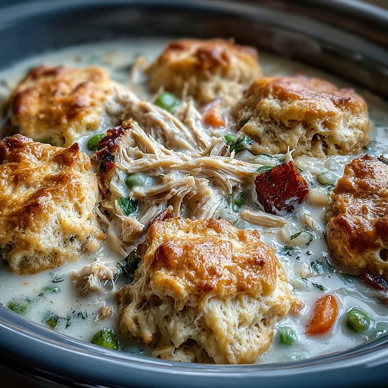 A hearty serving of Slow Cooker Ranch Chicken & Dumplings featuring fluffy drop biscuits nestled in a creamy, ranch-seasoned stew.