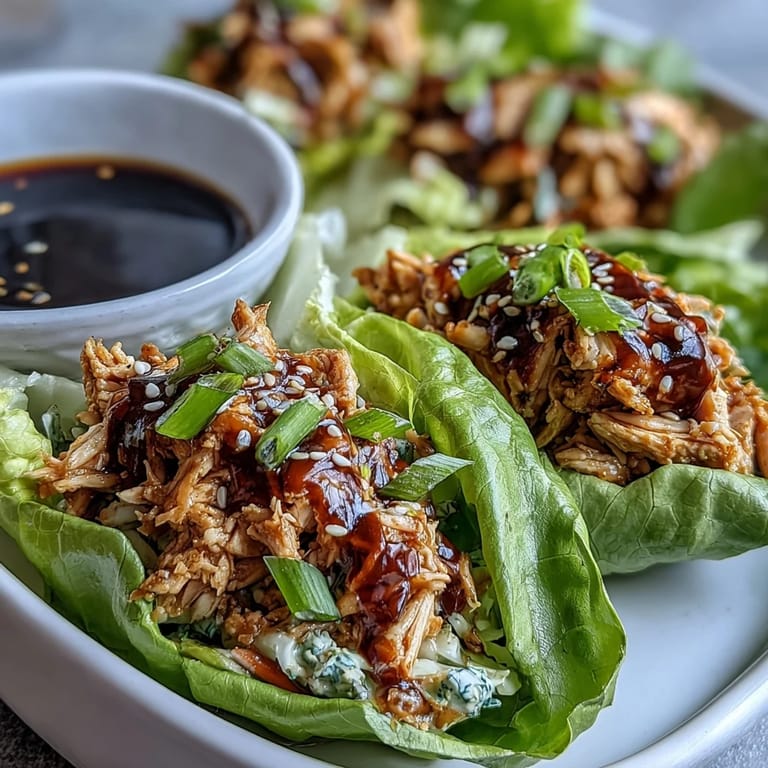 A close-up of Potsticker-Inspired Chicken Lettuce Boats shows juicy chicken filling and toasted sesame seeds on green leaves.