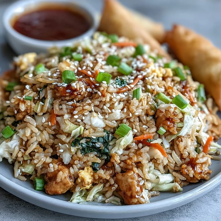 Platter of Crispy Chicken Fried Rice with Egg Roll Flavors ready for dinner alongside sweet chili dipping sauce.