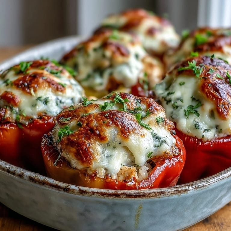 Rustic skillet shows creamy garlic Parmesan chicken filling for colorful bell pepper halves.