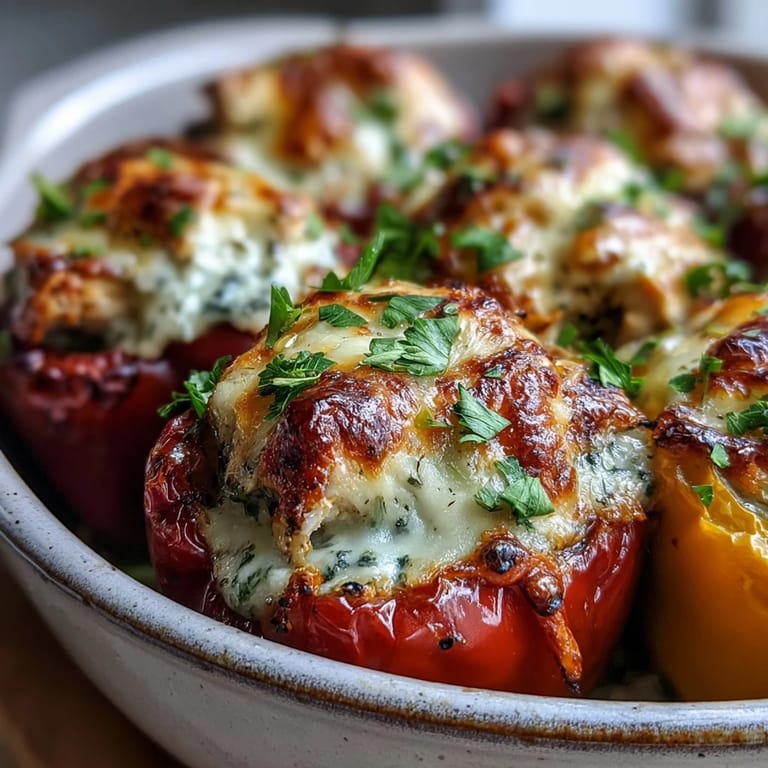 Dinner plate features tender stuffed peppers with garlic Parmesan chicken, melted mozzarella, and parsley.
