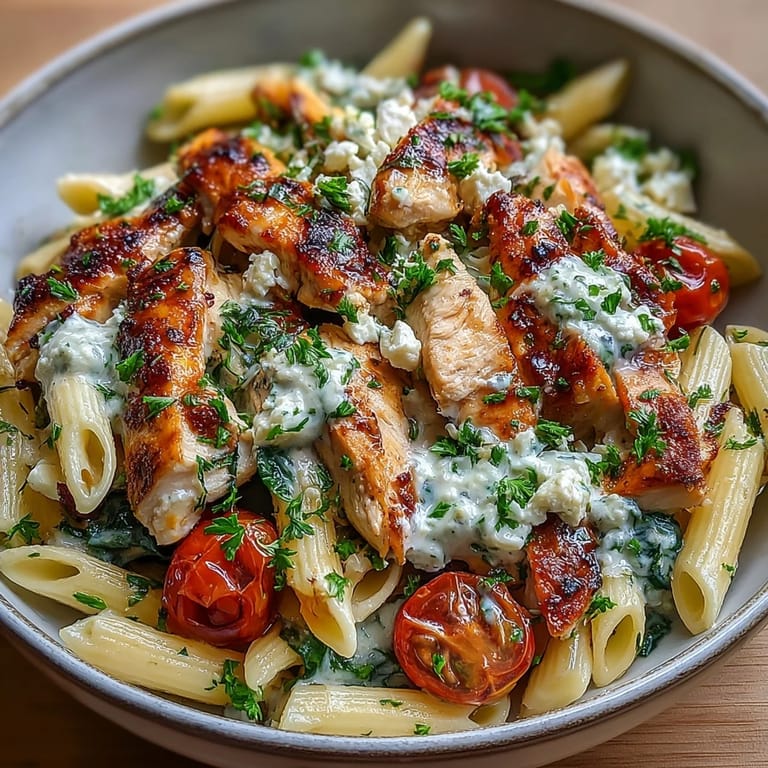 Ready-to-serve Roasted Garlic & Feta Chicken Pasta features bright lemon zest and fresh parsley garnish.