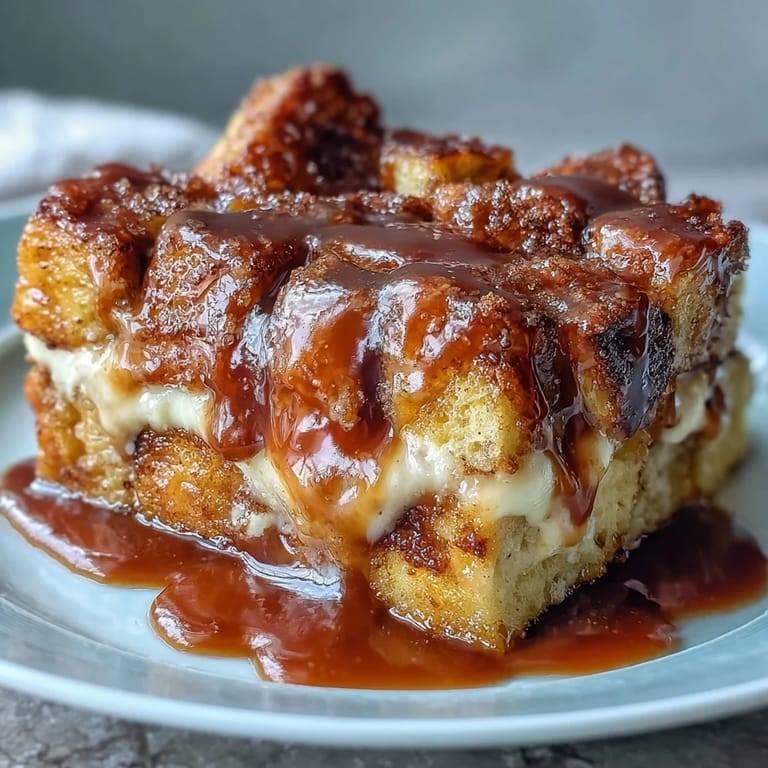 Overnight Caramel Cream Cheese French Toast Casserole in a 9x13 dish, dusted with cinnamon sugar before baking.