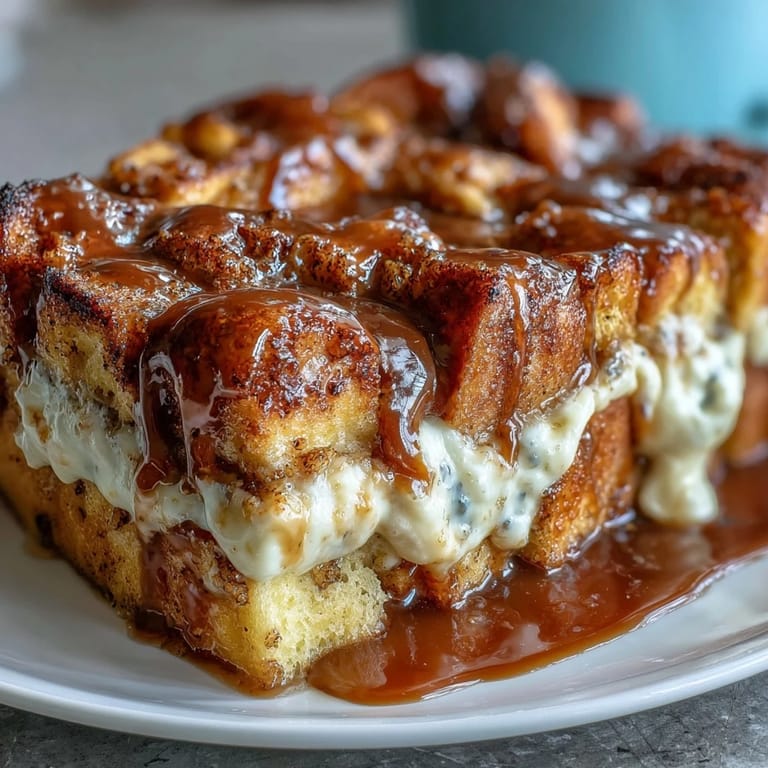 A sliced serving of Caramel Cream Cheese French Toast Casserole with creamy dollops, ready for brunch with berries.