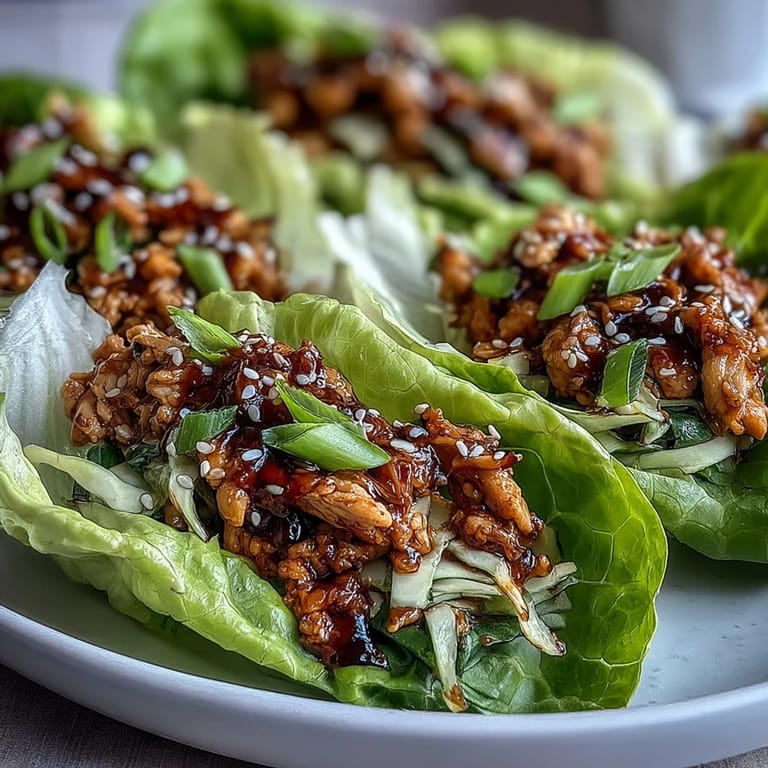 Close-up of Potsticker-Inspired Chicken Lettuce Boats featuring tender butter lettuce cups stuffed with savory Asian fusion chicken and a drizzle of spicy sauce.