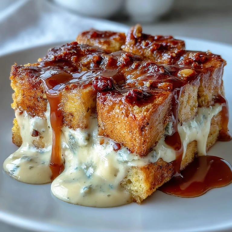 Warm Caramel Cream Cheese French Toast Casserole served from the baking dish, revealing soft bread and gooey caramel layers.