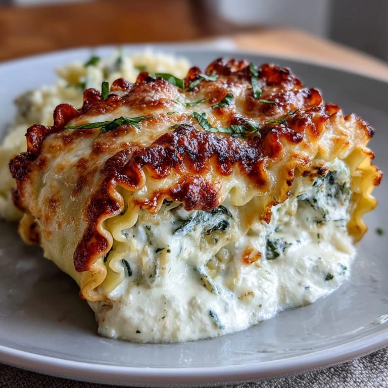 Creamy ricotta and spinach filling spilling out of tender Garlic Butter Lasagna Roll-Ups on a rustic plate, drizzled with extra sauce.