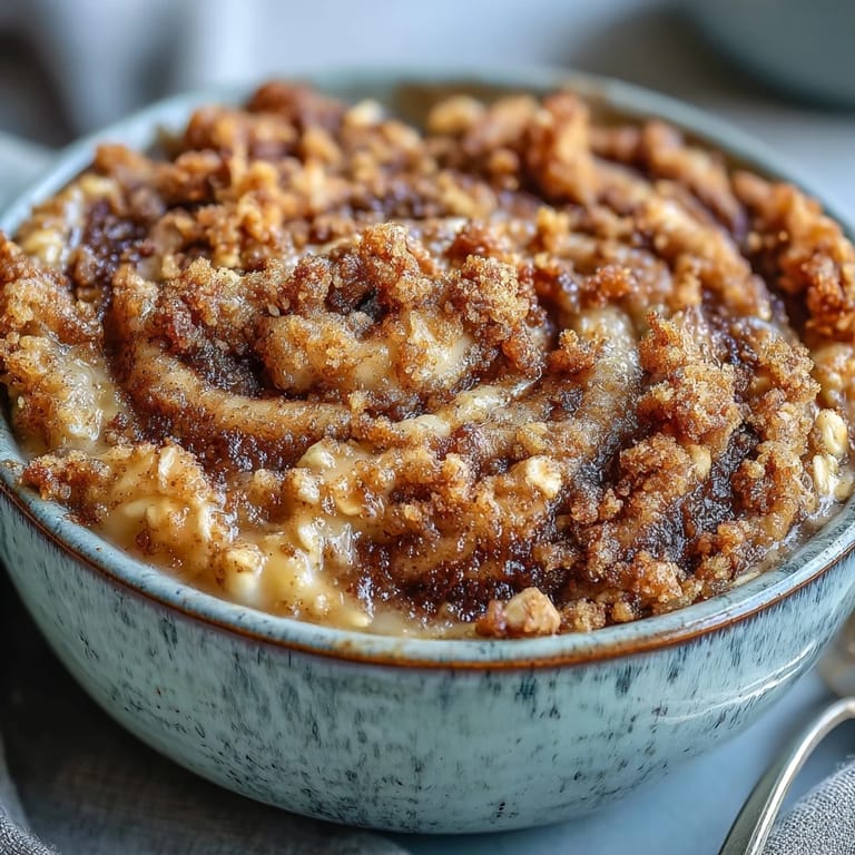 A close-up of baked High-Protein Cinnamon Swirl Coffee Cake Oats revealing a rich cinnamon swirl.