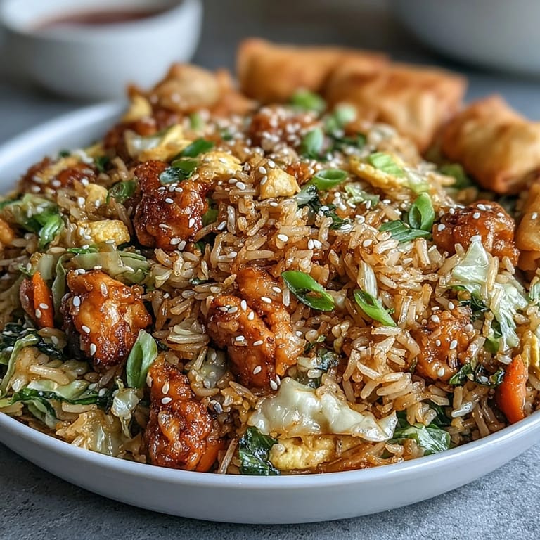 Colorful Crispy Chicken Fried Rice with Egg Roll Flavors, featuring scrambled eggs and minced chicken for a family dinner.