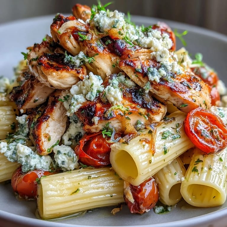 Steam rises from a skillet of Roasted Garlic & Feta Chicken Pasta, featuring blistered tomatoes and a savory, creamy sauce.