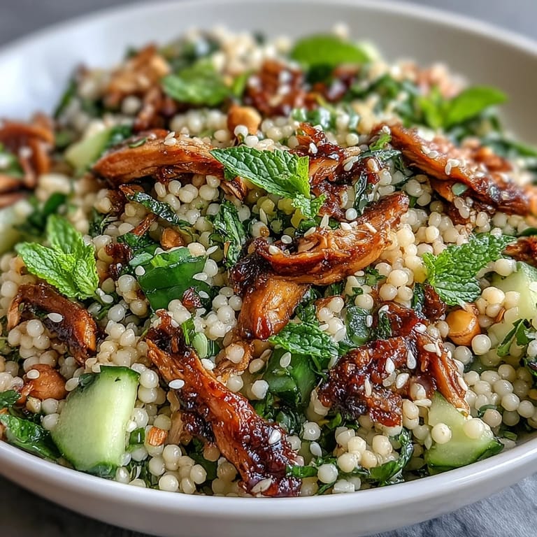 Colorful bowl of Asian Sesame Chicken Couscous Salad featuring juicy chicken, shredded carrots, and scallions, tossed in a glossy sesame dressing.
