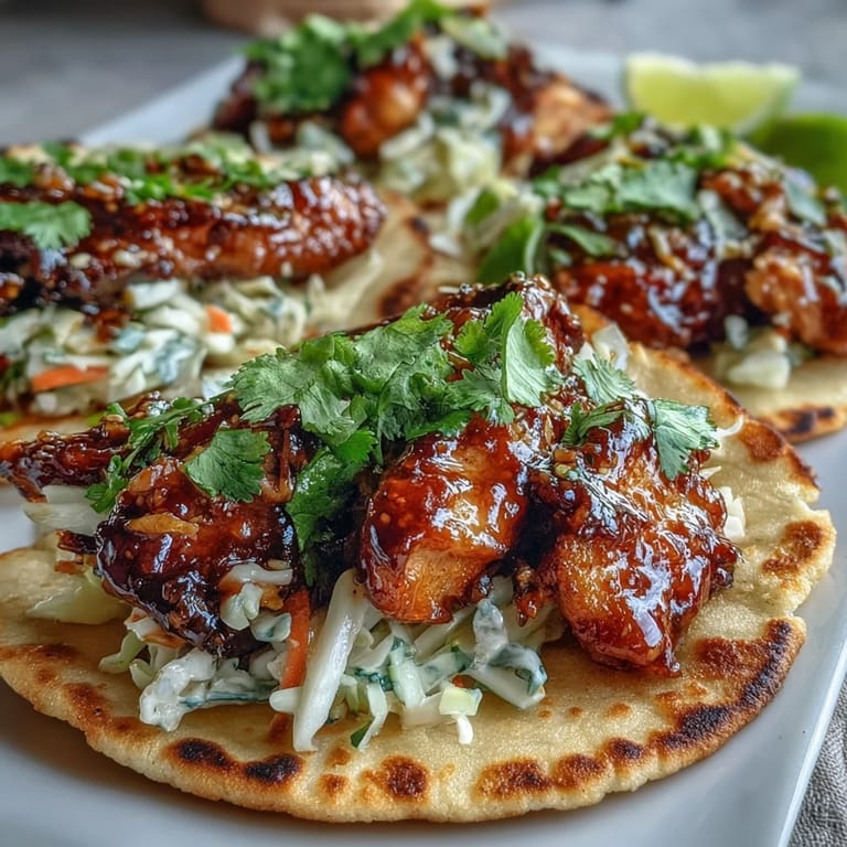 Two golden folded naan chicken tacos filled with glazed meat and tangy slaw on a wooden board. 