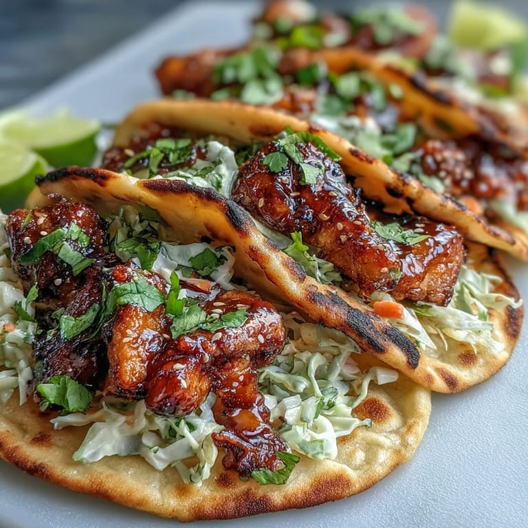 Close-up of honey garlic naan chicken tacos with juicy chicken and creamy slaw ready to serve.