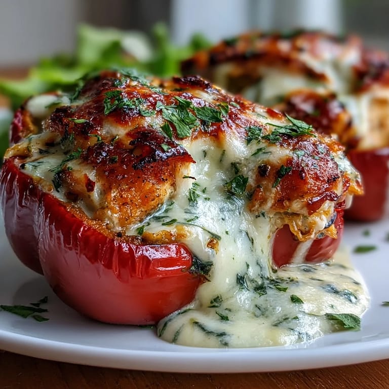 Fresh parsley garnishes these hearty Garlic Parmesan Chicken Stuffed Peppers served alongside a crisp green salad.