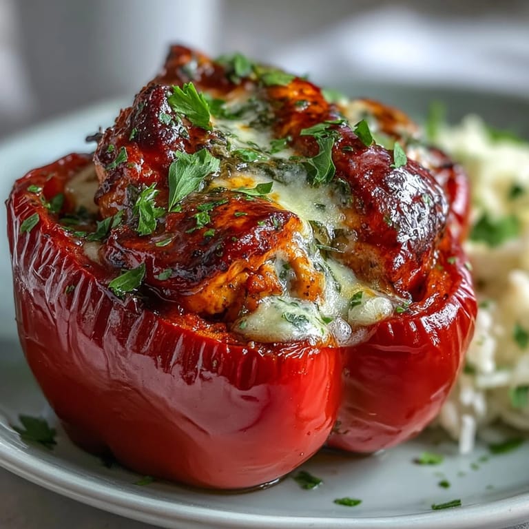 A close-up of bubbling cheese and tender peppers reveals the savory Garlic Parmesan Chicken Stuffed Peppers filling.