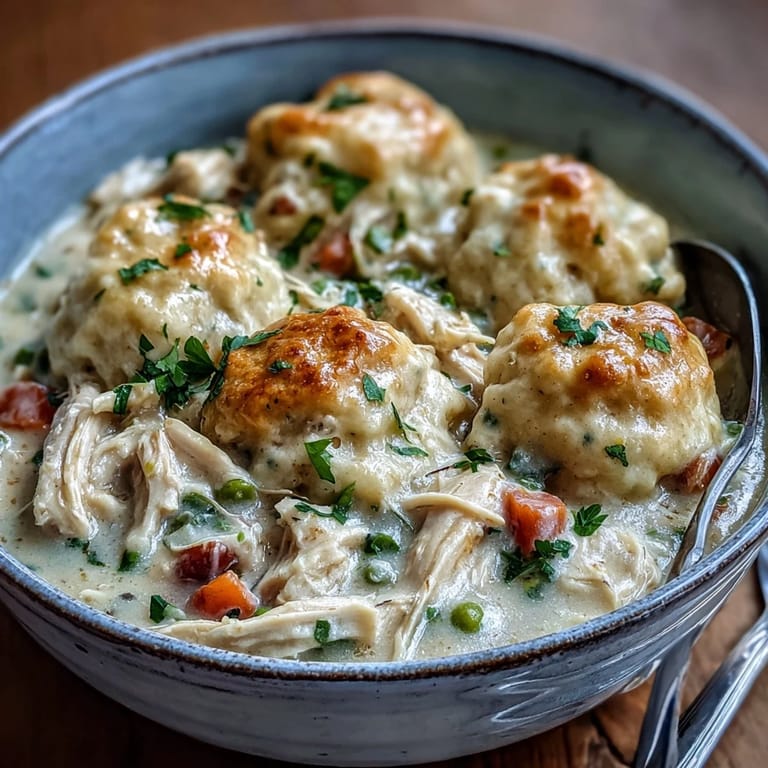 Hearty Slow Cooker Ranch Chicken & Dumplings with creamy ranch-infused broth, tender shredded chicken, carrots, and peas, ready to serve.
