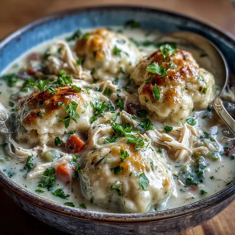 Family-style Slow Cooker Ranch Chicken & Dumplings in a rustic pot, garnished with fresh parsley, perfect for a comforting dinner.