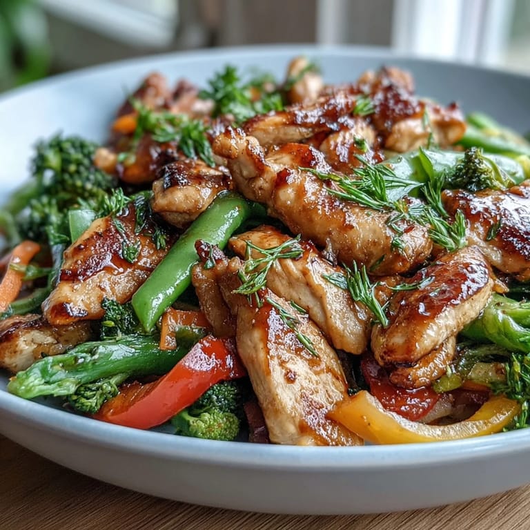 A vibrant stir-fry plate featuring golden chicken, crunchy veggies, and a spoon ready for a healthy dinner.