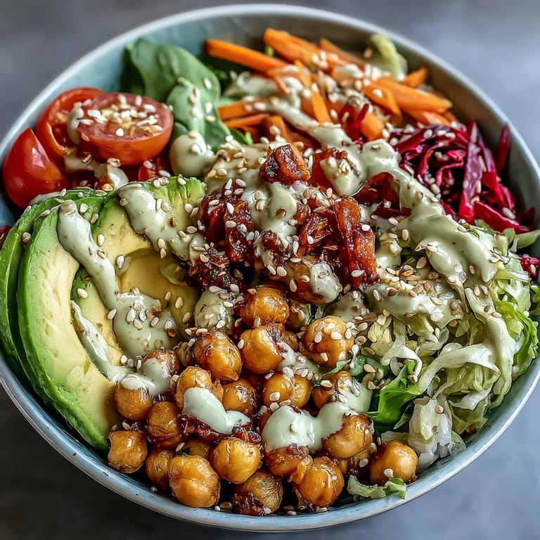 A drizzle of sesame ginger dressing enhances this nourishing Rainbow Veggie Buddha Bowl, featuring quinoa and crunchy veggies.