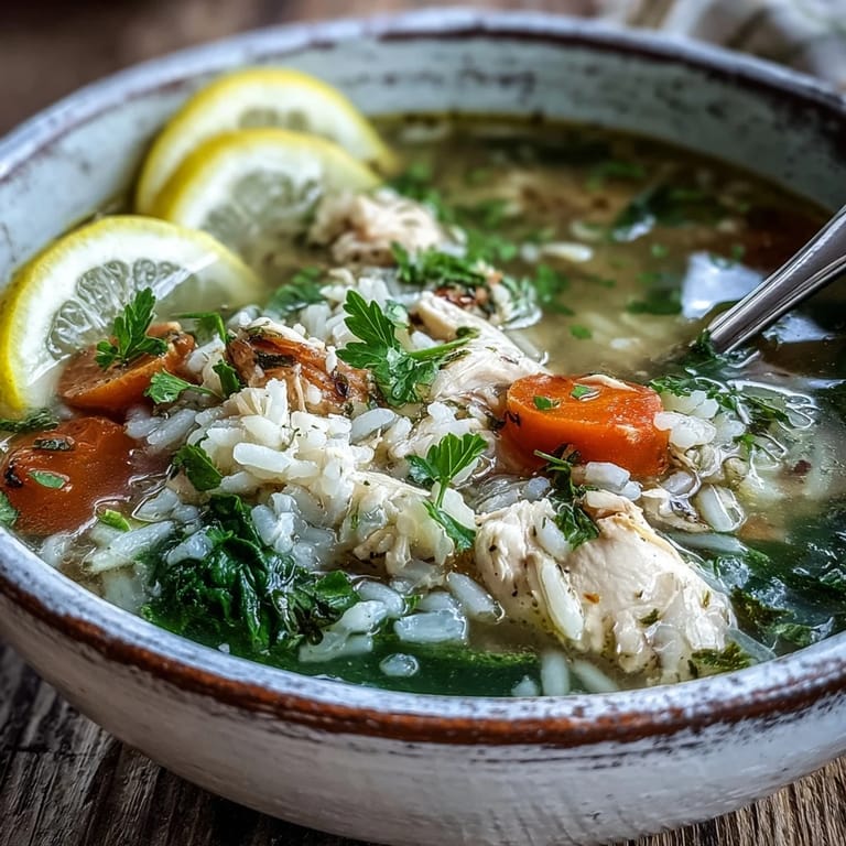 In a large pot, One-Pot Lemon Chicken Rice Soup with Veggies simmers with diced carrots, celery, and tender chicken pieces.