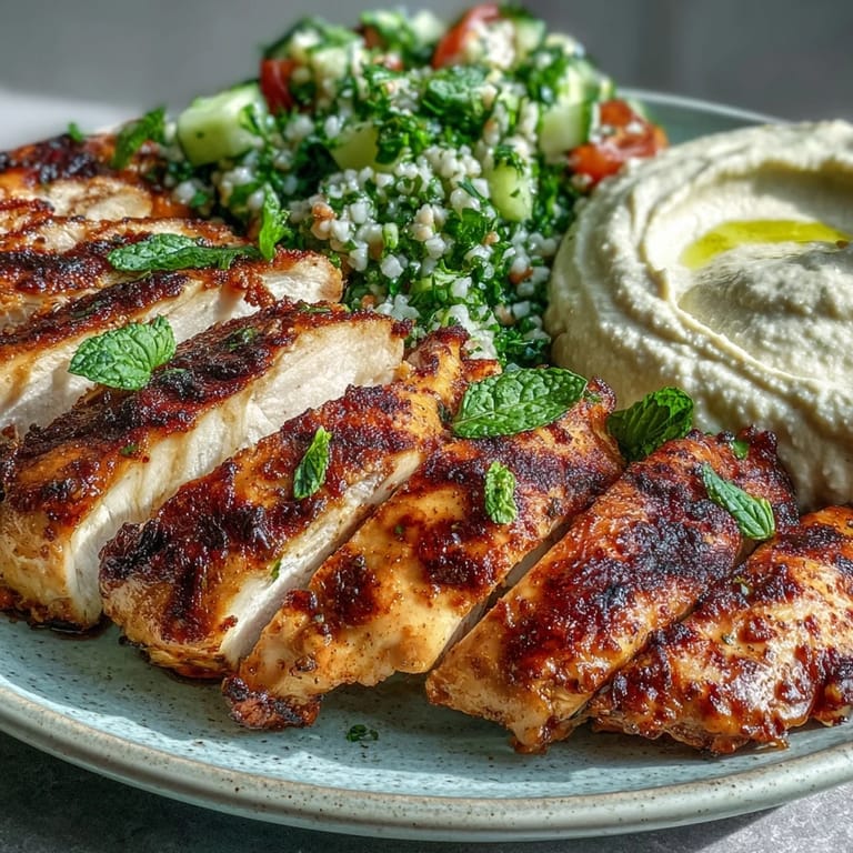 Fresh Mediterranean Grilled Chicken with Hummus and Tabbouleh arranged for a vibrant family style dinner with pita bread.
