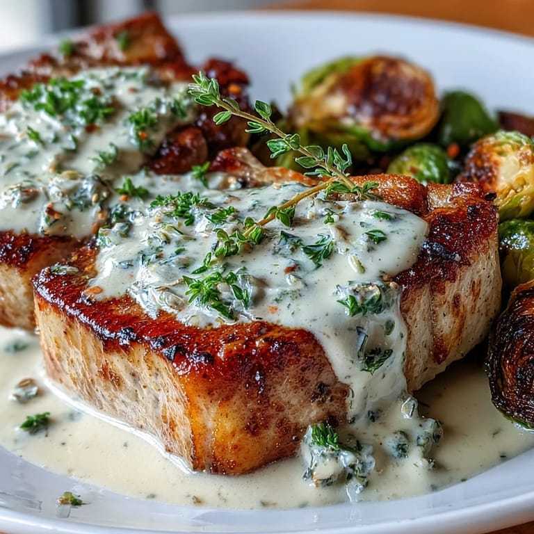 Tender pork chops smothered in tangy Dijon cream sauce, served hot with charred Brussels sprouts for a keto meal.