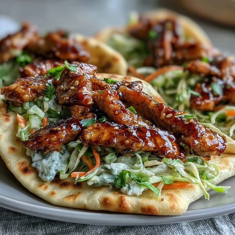 Tender chicken glazed in sticky honey garlic sauce nestled inside soft garlic naan with crunchy slaw and fresh cilantro. 