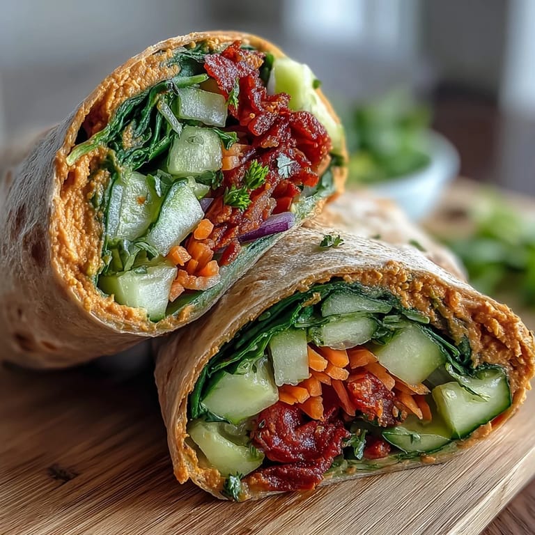Creamy sun-dried tomato hummus spread on whole wheat tortillas, layered with colorful vegetables for a healthy, protein-packed lunch.