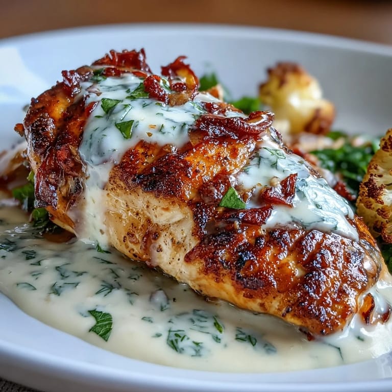 Keto-friendly creamy poblano chicken paired with golden roasted cauliflower florets, garnished with fresh cilantro.