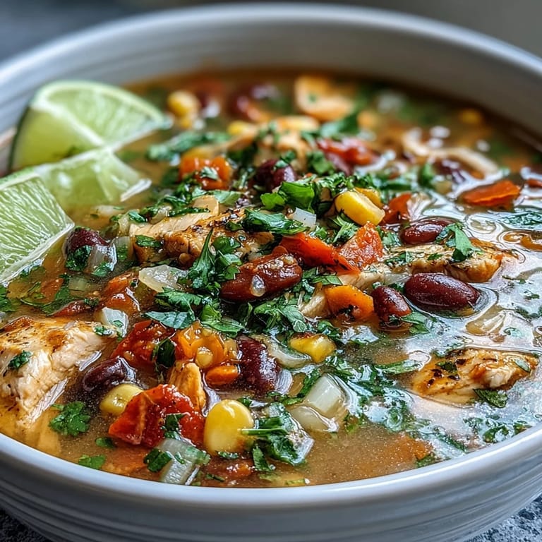 Vibrant chicken taco soup loaded with lean protein, zucchini, bell peppers, and black beans, served with a squeeze of lime for a zesty finish.