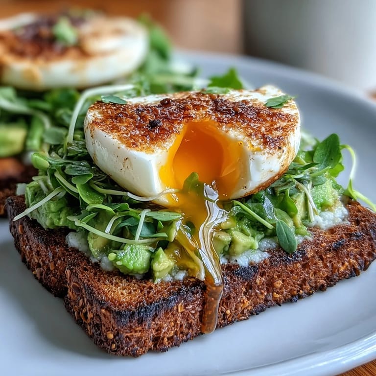 Perfectly soft-boiled egg halves rest on mashed avocado toast, garnished with peppery microgreens and a drizzle of olive oil.