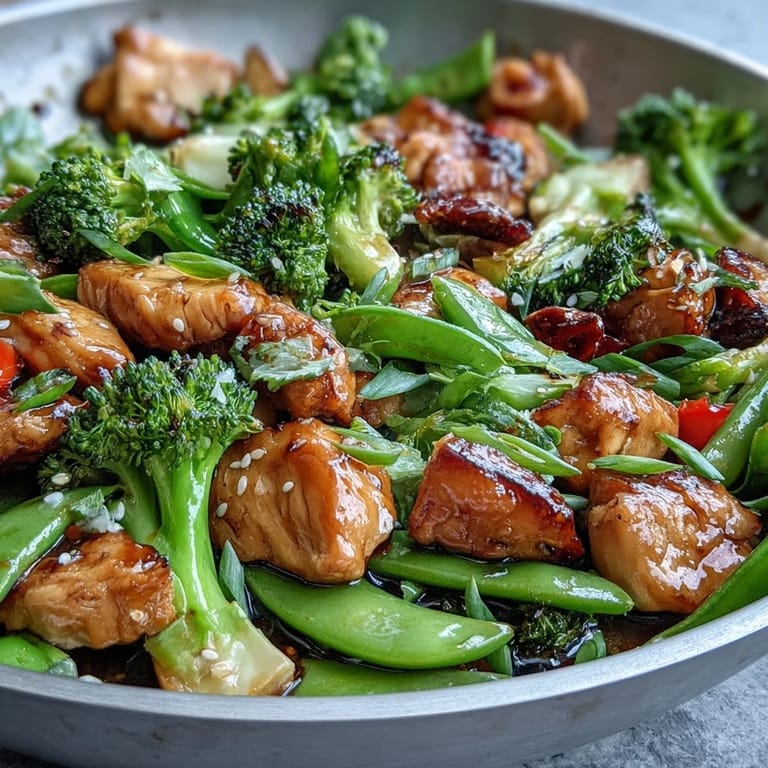 Healthy chicken stir-fry with broccoli florets and sweet snap peas, served hot with a glossy, flavorful sauce for a quick dinner.