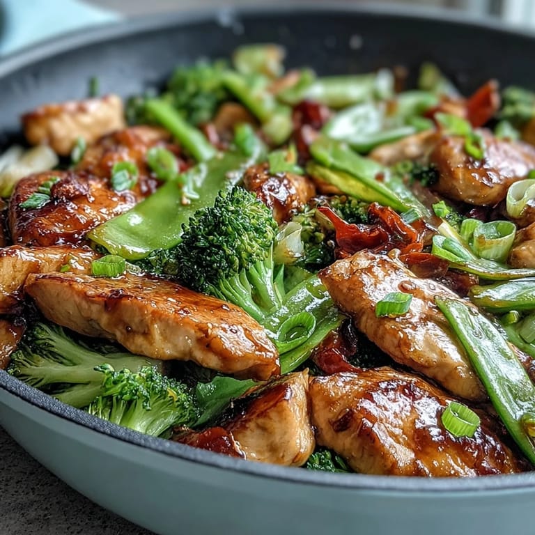 Lean chicken breast stir-fry with crunchy broccoli and snap peas, tossed in a light sauce for a nutritious, speedy meal.