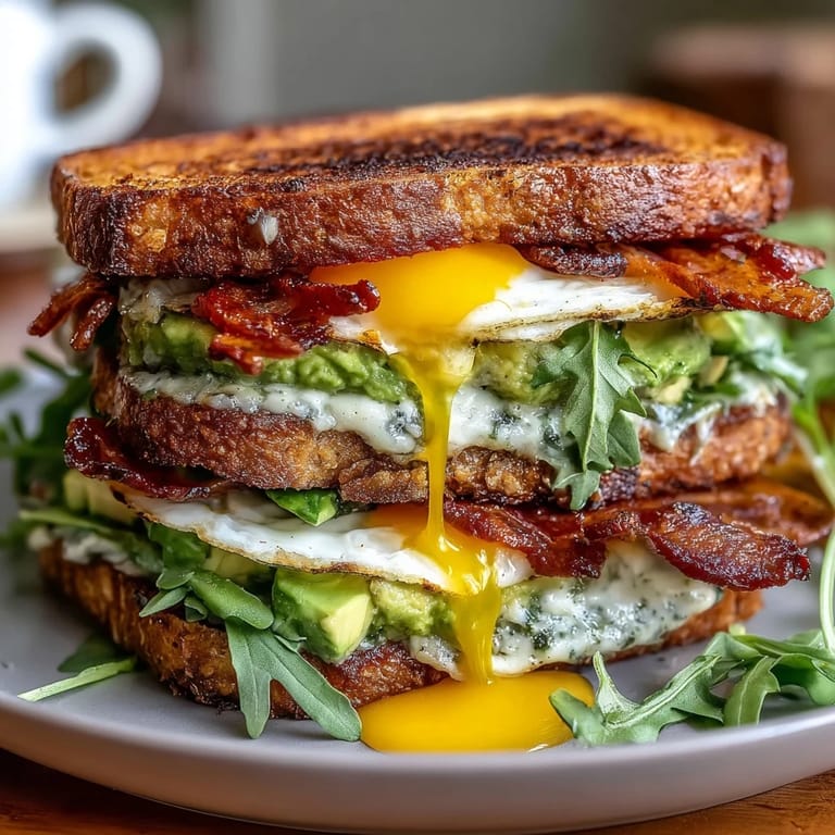Layered sourdough avocado BLT breakfast stack featuring creamy avocado, smoky bacon, juicy tomatoes, and a sunny side up egg.