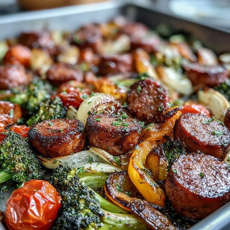 Healthy one-pan dinner featuring tender chicken sausage, crisp vegetables, and smoky seasonings for a satisfying family meal.  