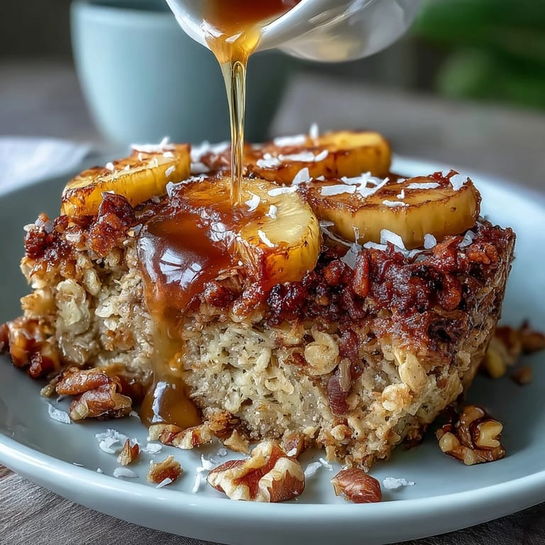 Golden Vegan Tropical Oatmeal Bake with Pineapple and Coconut, featuring hearty oats, shredded coconut, and fresh tropical fruit for a nourishing morning treat.